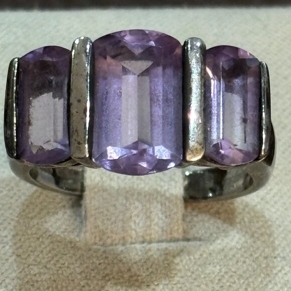 Sterling Silver Amethyst 3 Gemstone Statement Ring - Picture 1 of 16